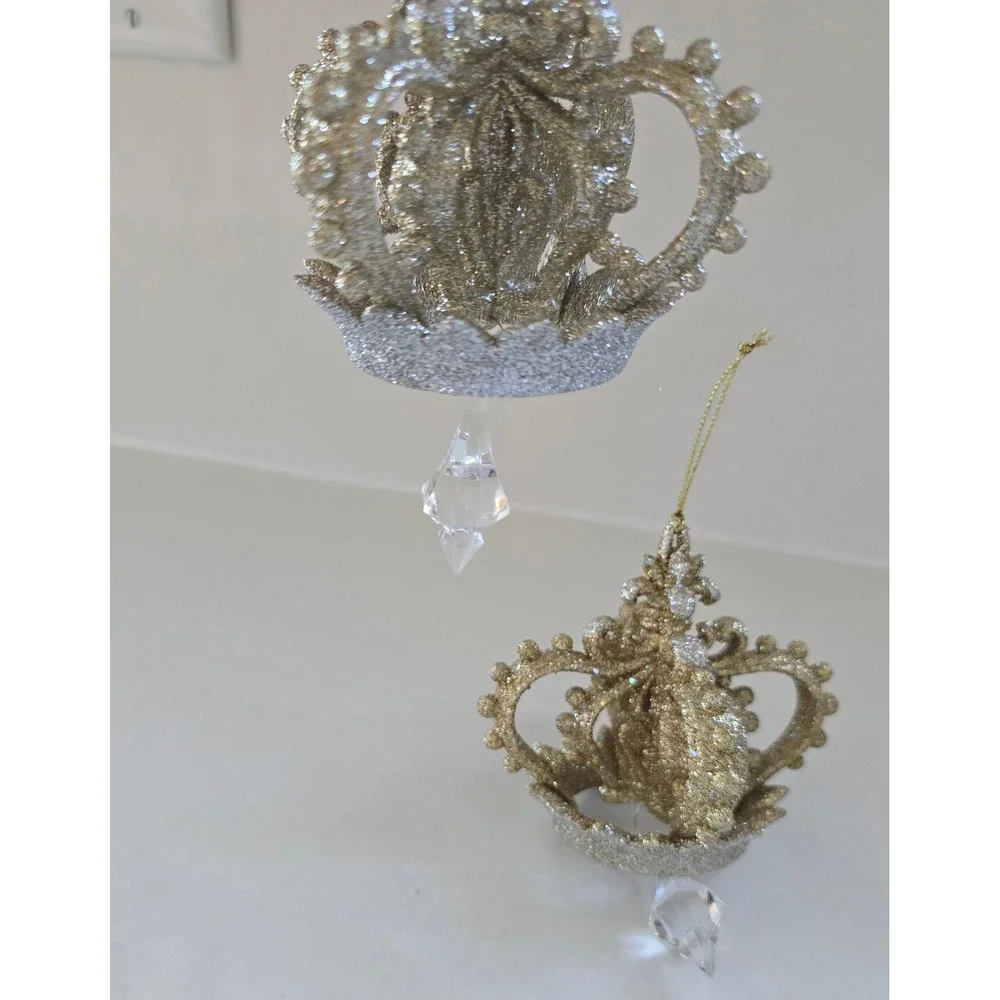 New Kurt Adler Gold Silver Glitter Crown Christmas Ornaments Crystals Set of 2